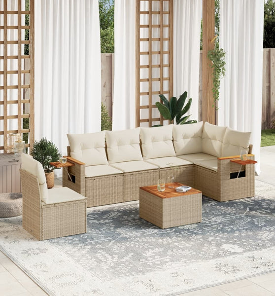 7-tlg. Garten-Sofagarnitur mit Kissen Beige Poly Rattan
