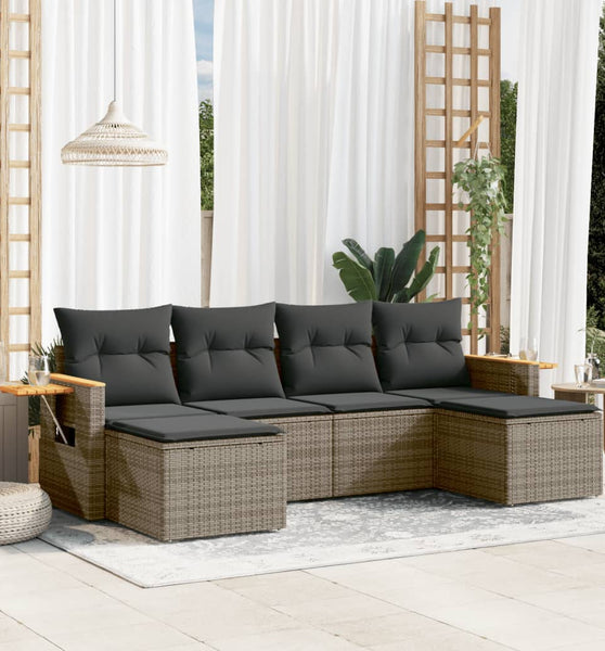 6-tlg. Garten-Sofagarnitur mit Kissen Grau Poly Rattan