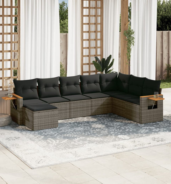 8-tlg. Garten-Sofagarnitur mit Kissen Grau Poly Rattan