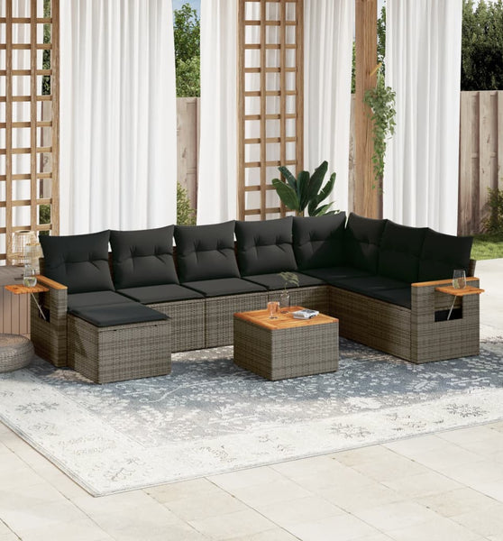 9-tlg. Garten-Sofagarnitur mit Kissen Grau Poly Rattan