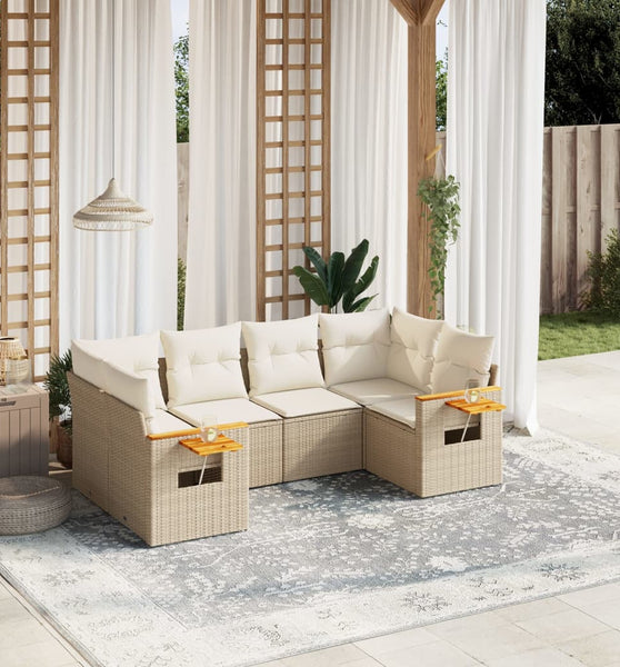 6-tlg. Garten-Sofagarnitur mit Kissen Beige Poly Rattan