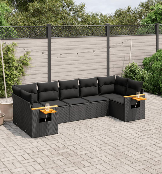 7-tlg. Garten-Sofagarnitur mit Kissen Schwarz Poly Rattan