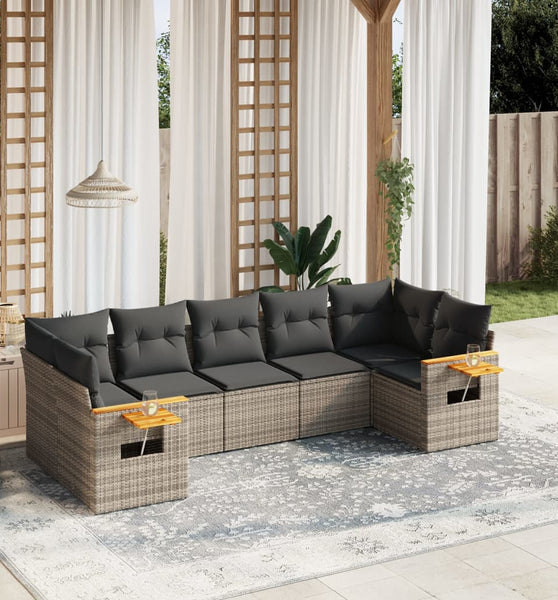 7-tlg. Garten-Sofagarnitur mit Kissen Grau Poly Rattan