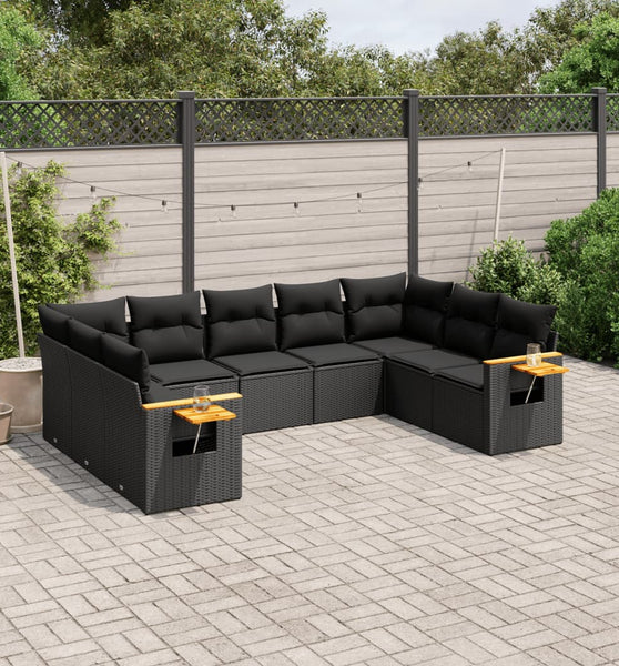 9-tlg. Garten-Sofagarnitur mit Kissen Schwarz Poly Rattan