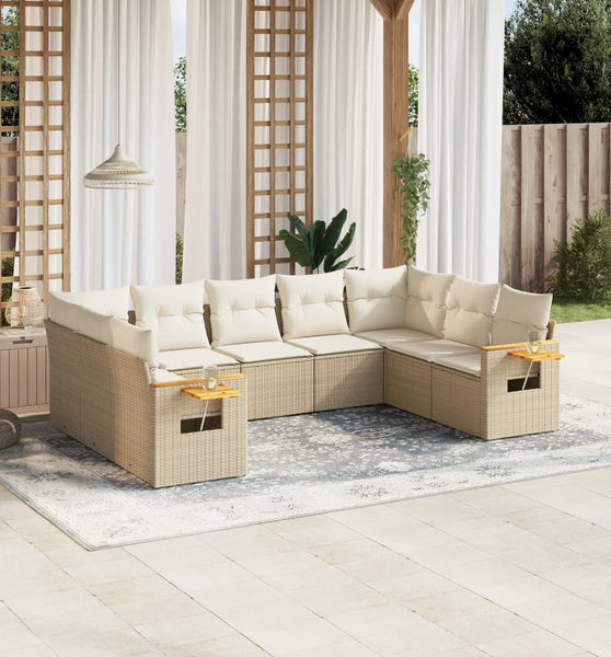 9-tlg. Garten-Sofagarnitur mit Kissen Beige Poly Rattan