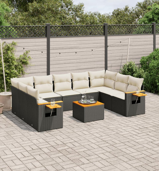 10-tlg. Garten-Sofagarnitur mit Kissen Schwarz Poly Rattan