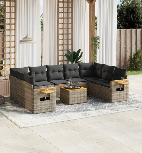 10-tlg. Garten-Sofagarnitur mit Kissen Grau Poly Rattan