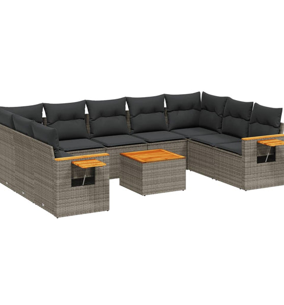 10-tlg. Garten-Sofagarnitur mit Kissen Grau Poly Rattan