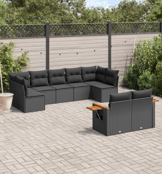 9-tlg. Garten-Sofagarnitur mit Kissen Schwarz Poly Rattan
