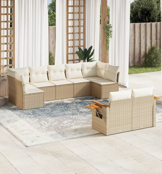 9-tlg. Garten-Sofagarnitur mit Kissen Beige Poly Rattan