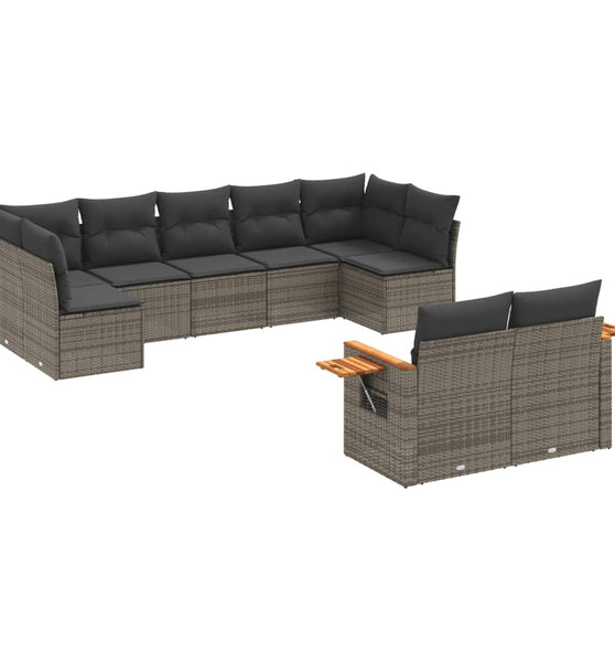 9-tlg. Garten-Sofagarnitur mit Kissen Grau Poly Rattan
