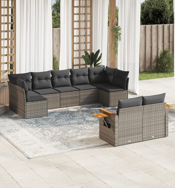 9-tlg. Garten-Sofagarnitur mit Kissen Grau Poly Rattan