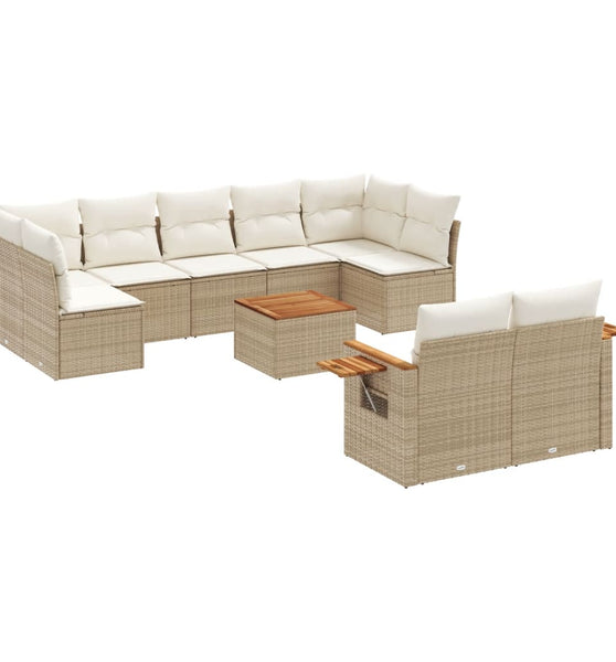 10-tlg. Garten-Sofagarnitur mit Kissen Beige Poly Rattan