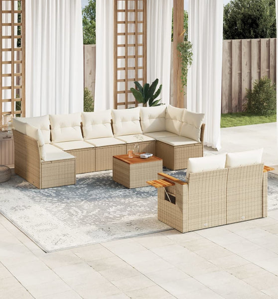 10-tlg. Garten-Sofagarnitur mit Kissen Beige Poly Rattan