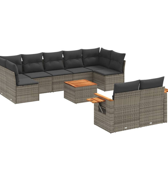 10-tlg. Garten-Sofagarnitur mit Kissen Grau Poly Rattan