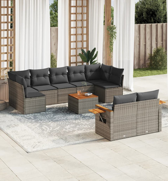 10-tlg. Garten-Sofagarnitur mit Kissen Grau Poly Rattan