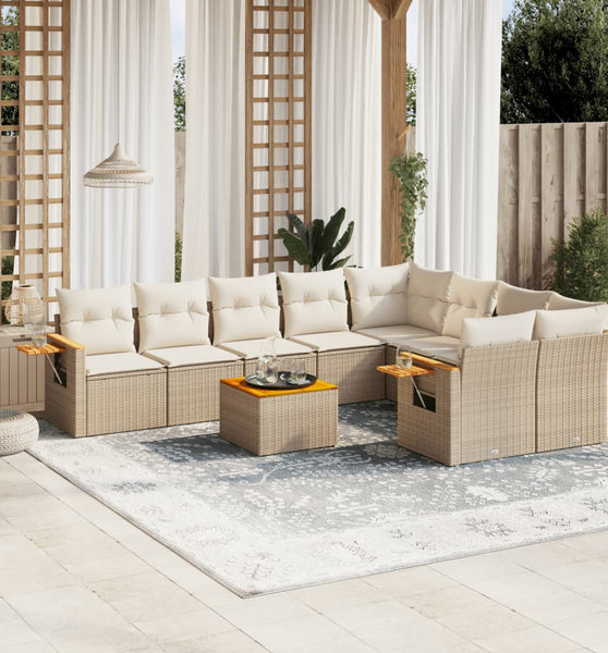 10-tlg. Garten-Sofagarnitur mit Kissen Beige Poly Rattan