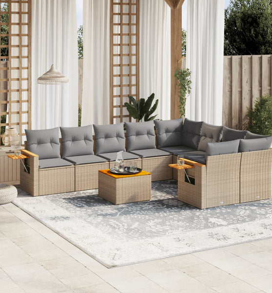 10-tlg. Garten-Sofagarnitur mit Kissen Beige Poly Rattan