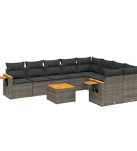 10-tlg. Garten-Sofagarnitur mit Kissen Grau Poly Rattan