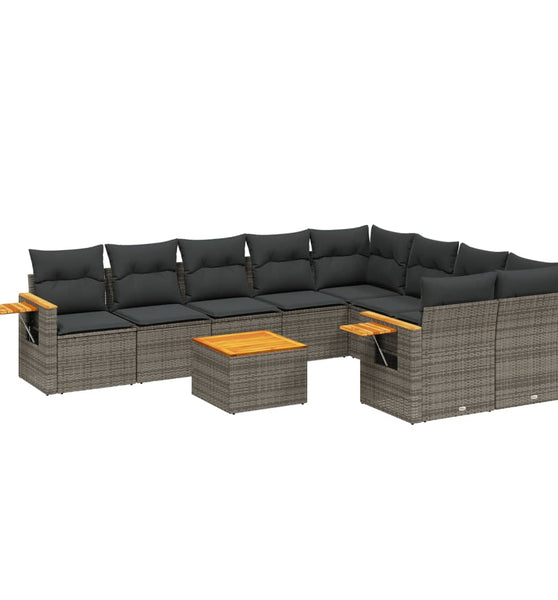 10-tlg. Garten-Sofagarnitur mit Kissen Grau Poly Rattan