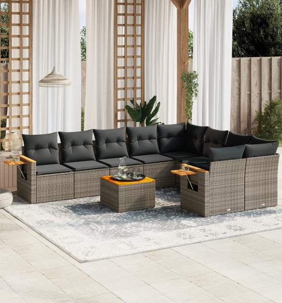 10-tlg. Garten-Sofagarnitur mit Kissen Grau Poly Rattan