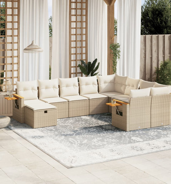 10-tlg. Garten-Sofagarnitur mit Kissen Beige Poly Rattan