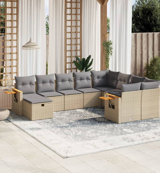 10-tlg. Garten-Sofagarnitur mit Kissen Beige Poly Rattan