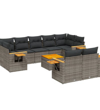 10-tlg. Garten-Sofagarnitur mit Kissen Grau Poly Rattan
