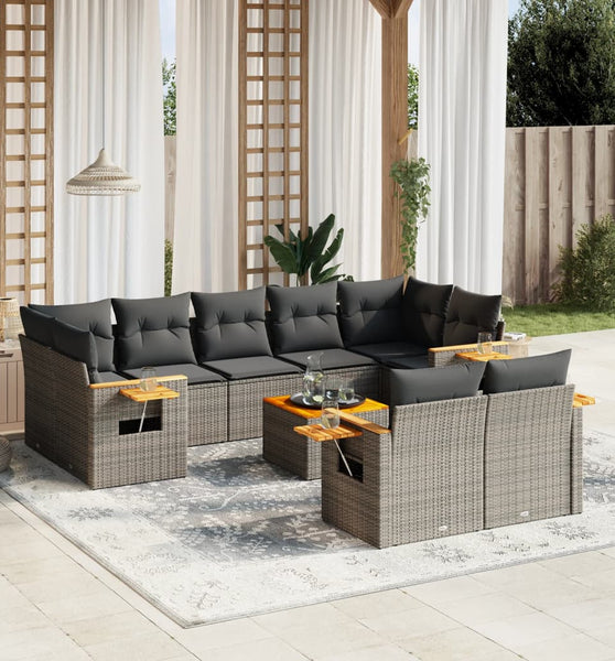 10-tlg. Garten-Sofagarnitur mit Kissen Grau Poly Rattan