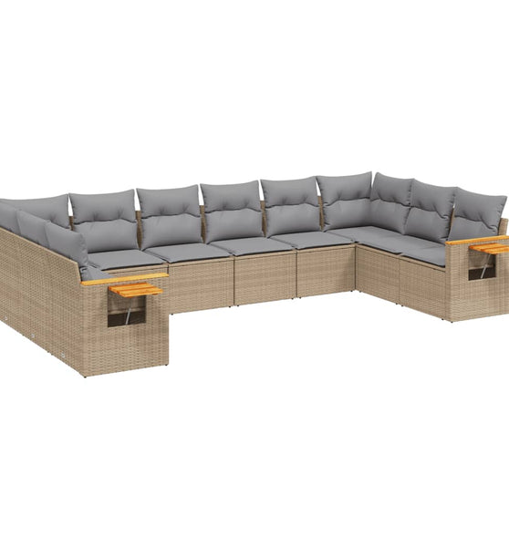 10-tlg. Garten-Sofagarnitur mit Kissen Beige Poly Rattan