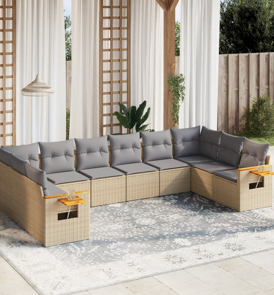 10-tlg. Garten-Sofagarnitur mit Kissen Beige Poly Rattan