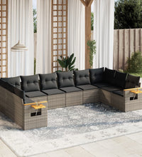 10-tlg. Garten-Sofagarnitur mit Kissen Grau Poly Rattan