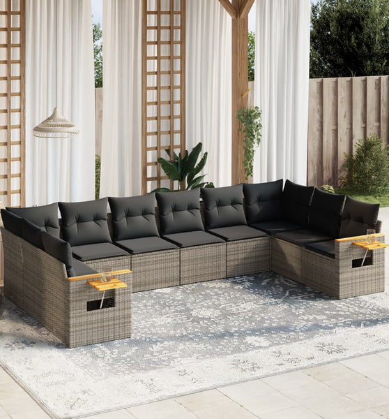 10-tlg. Garten-Sofagarnitur mit Kissen Grau Poly Rattan