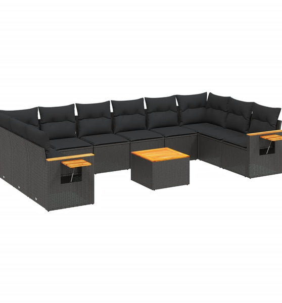 11-tlg. Garten-Sofagarnitur mit Kissen Schwarz Poly Rattan