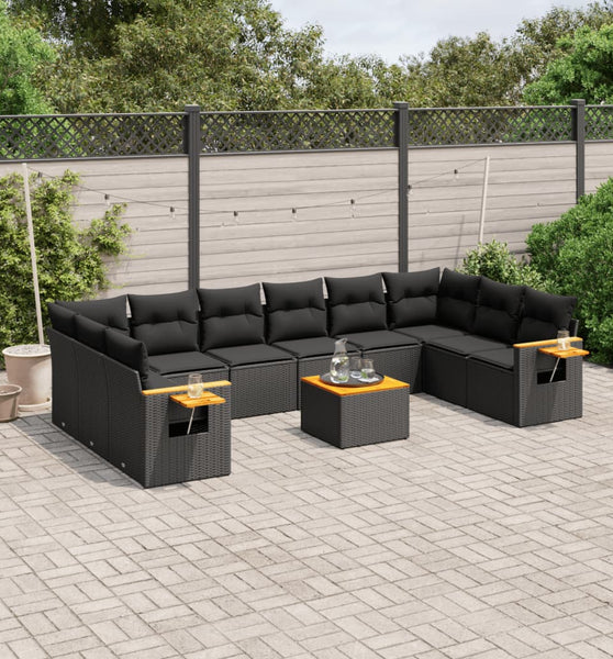 11-tlg. Garten-Sofagarnitur mit Kissen Schwarz Poly Rattan