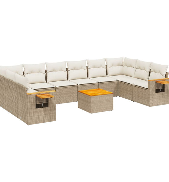 11-tlg. Garten-Sofagarnitur mit Kissen Beige Poly Rattan