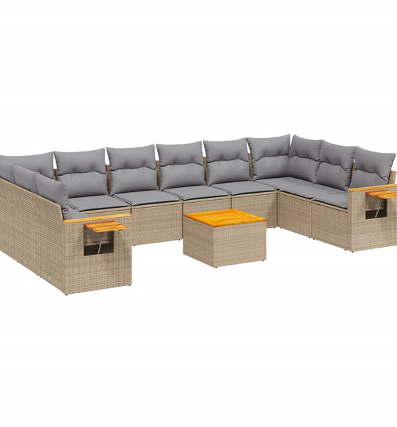 11-tlg. Garten-Sofagarnitur mit Kissen Beige Poly Rattan