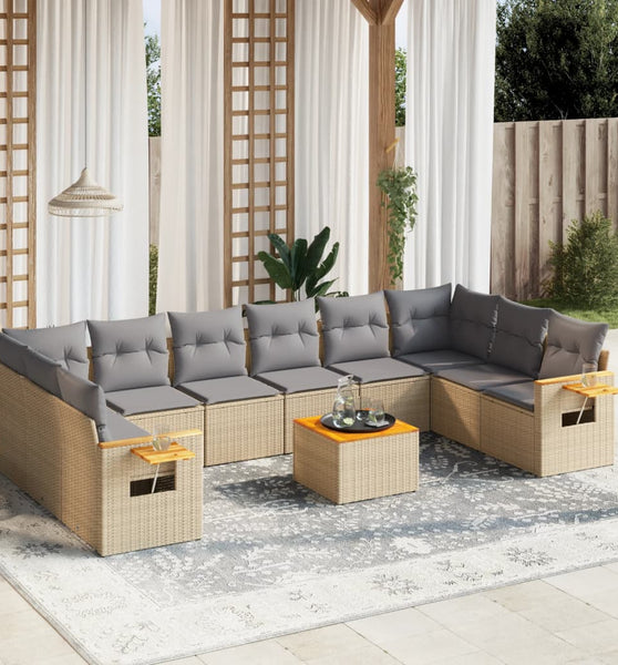 11-tlg. Garten-Sofagarnitur mit Kissen Beige Poly Rattan
