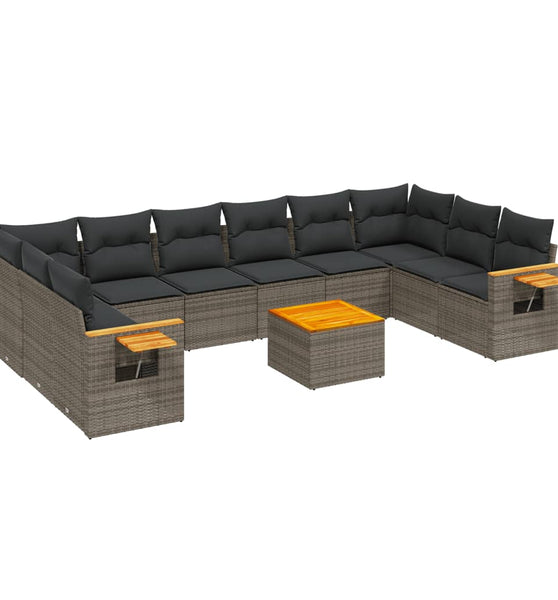 11-tlg. Garten-Sofagarnitur mit Kissen Grau Poly Rattan