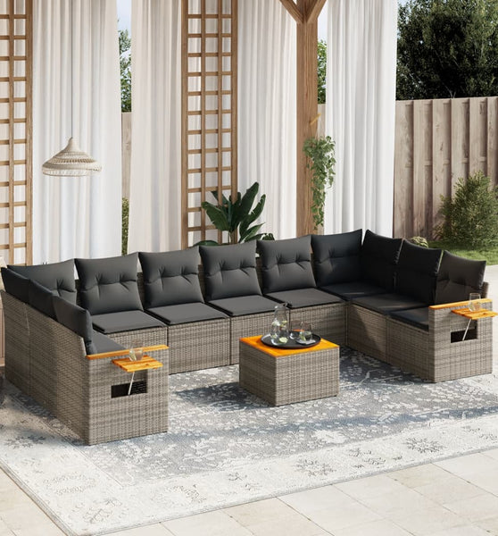 11-tlg. Garten-Sofagarnitur mit Kissen Grau Poly Rattan
