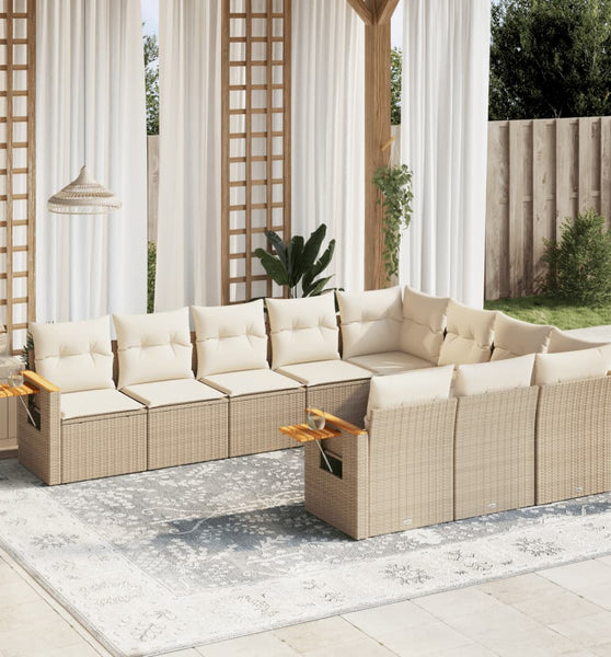 10-tlg. Garten-Sofagarnitur mit Kissen Beige Poly Rattan