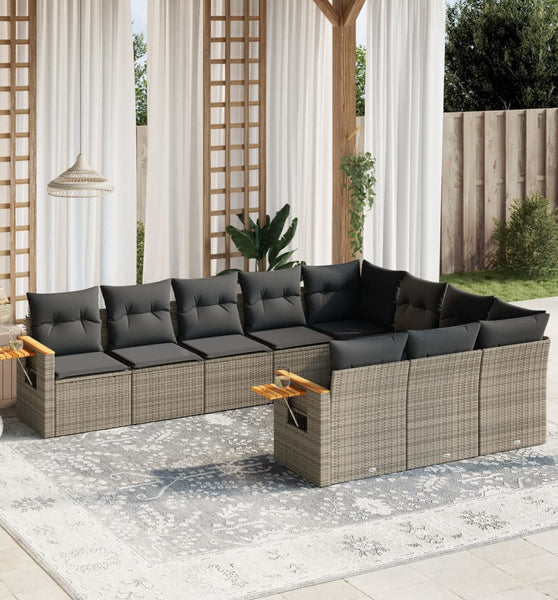 10-tlg. Garten-Sofagarnitur mit Kissen Grau Poly Rattan