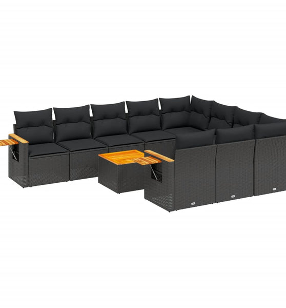 11-tlg. Garten-Sofagarnitur mit Kissen Schwarz Poly Rattan
