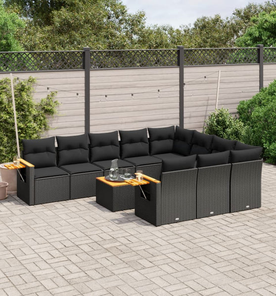 11-tlg. Garten-Sofagarnitur mit Kissen Schwarz Poly Rattan