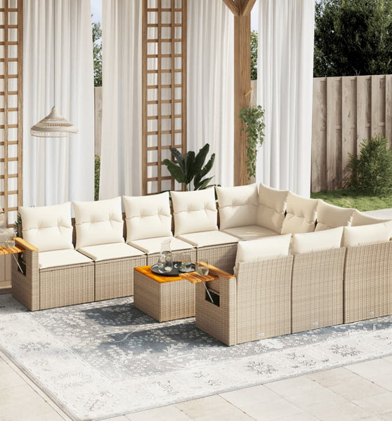 11-tlg. Garten-Sofagarnitur mit Kissen Beige Poly Rattan