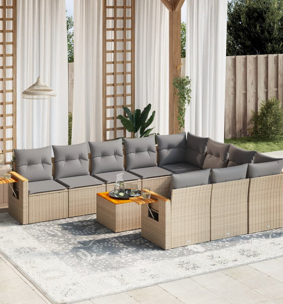 11-tlg. Garten-Sofagarnitur mit Kissen Beige Poly Rattan