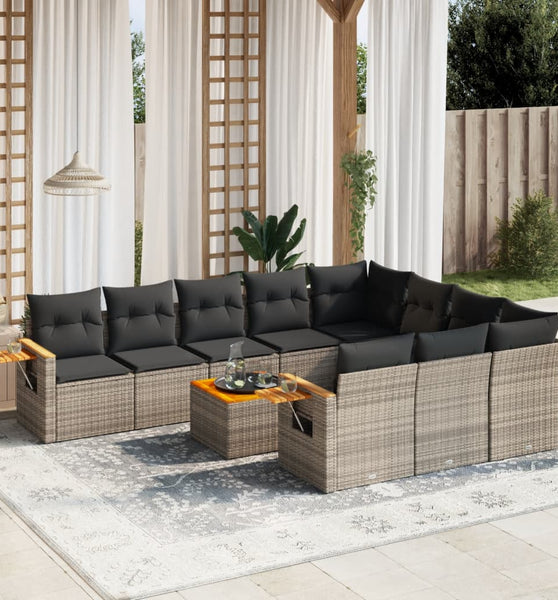 11-tlg. Garten-Sofagarnitur mit Kissen Grau Poly Rattan