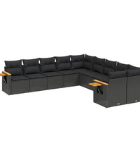 10-tlg. Garten-Sofagarnitur mit Kissen Schwarz Poly Rattan