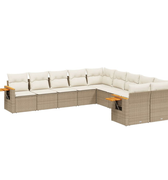 10-tlg. Garten-Sofagarnitur mit Kissen Beige Poly Rattan
