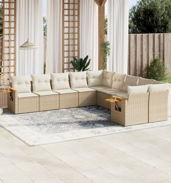 10-tlg. Garten-Sofagarnitur mit Kissen Beige Poly Rattan